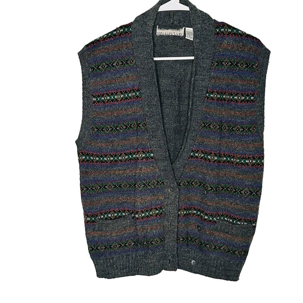 Bramble Lane Gray Acrylic Sleeveless Button Front Striped Sweater Vest Size L